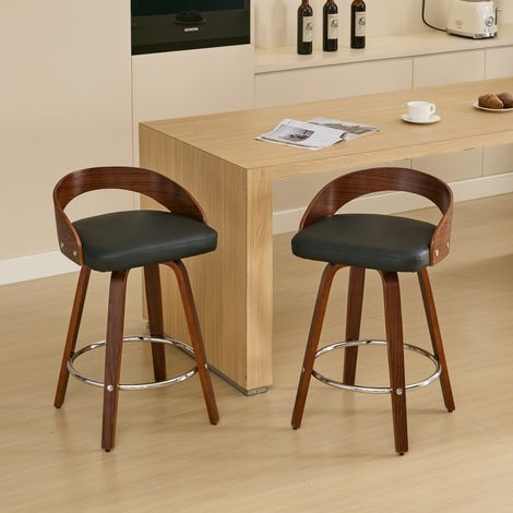 Set di 2 sgabelli da bar girevoli a 360° con schienale basso, sedie da bar in legno con seduta in cuscino morbido, altezza seduta 63 cm - Colore noce e nero