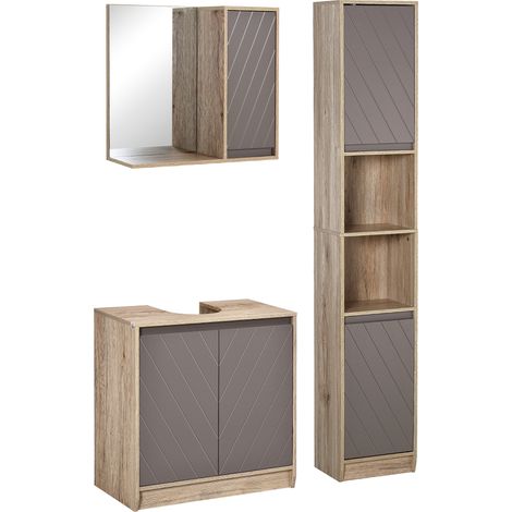 Conjunto de baño incluye 1 mueble para debajo del lavabo 1 armario de baño con espejo y 1 columna de baño con estante ajustable roble y gris