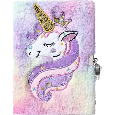 Carnet à couverture licorne, bloc-notes en peluche avec fermeture, format A5, motif licorne duveteuse-21.5X14.5CM