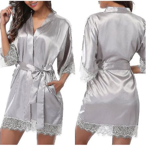 Satin-Morgenmantel für Braut, Brautjungfer, Kimono, Morgenmantel, Nachthemd, Bademantel – Größe S – Grau (1/4)