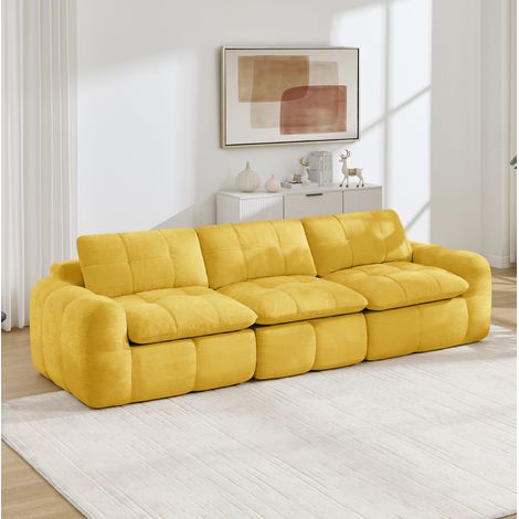Canapé modulable 3 places sans cadre, surpiqûre carreau, chenille jaune, 264x97x68 cm (1/5)