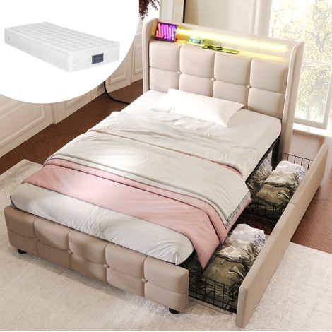 DESVIAE Lit simple rembourré avec tête de lit prises USB LED et 2 tiroirs 90x200 cm beige avec matelas à ressorts et sommier à lattes en bois (1/5)
