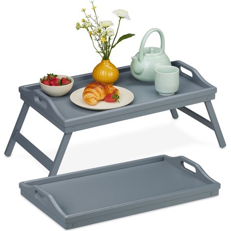 Relaxdays Plateau de service, lot 2, pliable, tablette avec pieds, bambou et MDF, H x L x P : 24 x 60 x 30 cm, gris