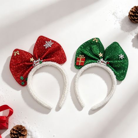 Serre-tête de Noël pour enfant avec nœud rouge, décoration de cheveux en peluche, accessoire festif pour fête, photos et ambiance de Noël (1/4)