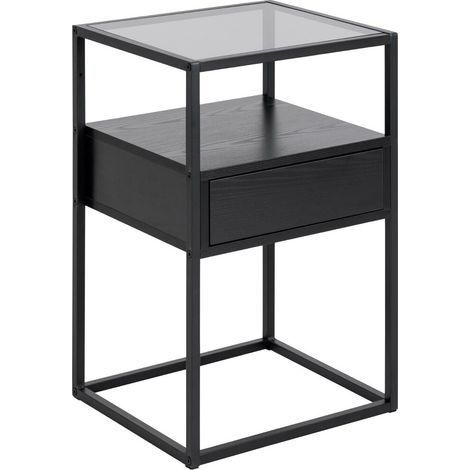 Mesilla de noche Norsica 695, Negro + Cenizas negro, Número de cajones: 1, Número de puertas: 0, 60x40x35cm, Metal, MDF, Vidrio templado