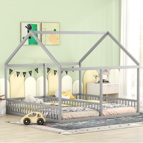 Cama infantil 2 en 1 90x200 cm de madera gris, ahorra espacio, sin colchón FloraGrace (1/5)