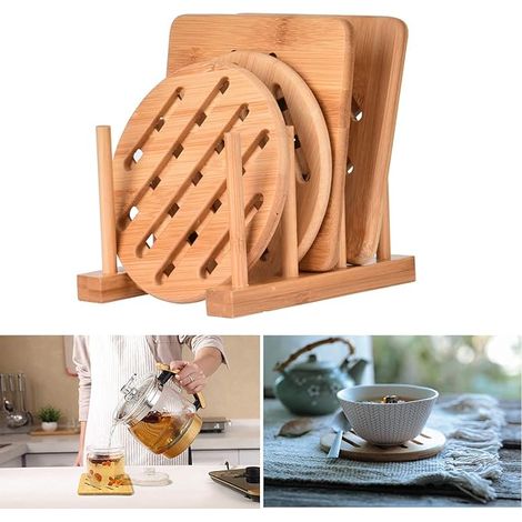 Set de Table Coussin Isolant Bambou sous-Verre avec Support de Vidange 15 15cm 2 Rond et 2 Carrés (1/5)