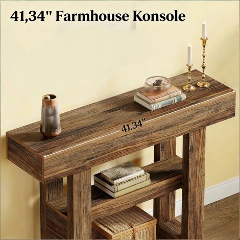 Table d'entrée étroite style rustique, console murale en bois, meuble d'accueil campagnard pour couloir ou salon, design épuré (1/5)