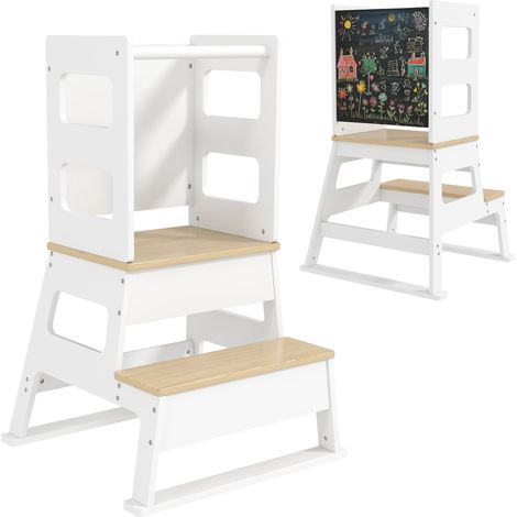 Torre Montessoriana Scala con Ringhiera e Lavagna 55x52,5x87,5 cm Bianco e color Legno