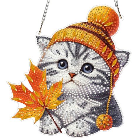 Pendentif peinture diamant chat avec feuille, double face, décoration de fenêtre