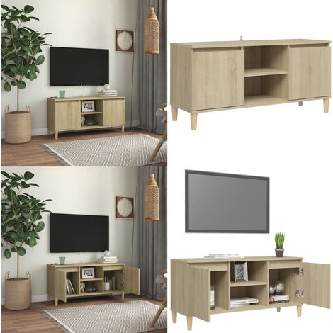 Meuble TV avec pieds en bois massif Chêne sonoma 103,5x35x50 cm - Meuble Tv - Meuble Téléviseur - Meuble Rangement - Buffet - Mobilier Scandinaves - Home & Living