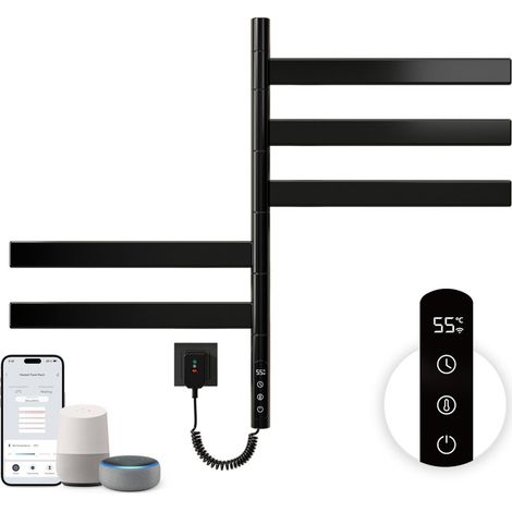 Scaldasalviette elettrico 675 × 450 mm, radiatore da bagno con rotazione di 180°, termostato WiFi intelligente, scaldasalviette elettrico per bagno, funziona con Alexa e Google Home e app, nero (1/5)