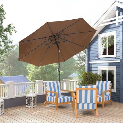 Ombrellone da giardino Outsunny, orientabile e inclinabile, diametro 3 m, telo rotondo in metallo, poliestere 180 g/m², manovella di inclinazione, colore cioccolato.