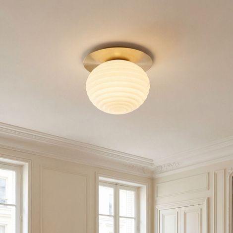Deckenlampe rund D: 35 cm Metall Glas in Gold Weiß E27 Modern Deckenleuchte
