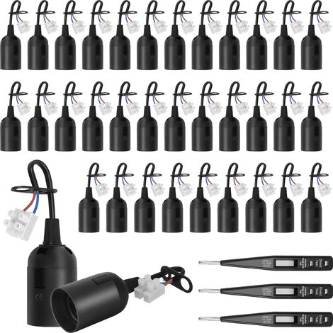 Lot de 35 douilles E27 pour rénovation - Douille de chantier E27 + 3 testeurs de tension - Avec câble - Douille de rénovation noire (1/5)