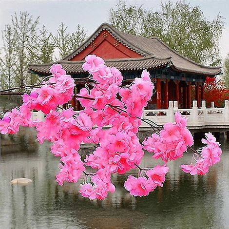 Cerisier artificiel rose Sakura, branche en soie, fleurs artificielles à faire soi-même, 120 cm, décoration murale florale pour mariage, maison et extérieurrose foncé (1/5)