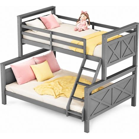 Letto a castello in legno di pino grigio con scala inclinata e sponde di sicurezza, trasformabile in due letti separati 90x200 e 140x200 cm - CHICFURN (1/5)