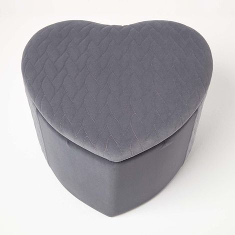 HOMESCAPES Arundel Heart-Shaped Velvet Footstool with Storage, Grey