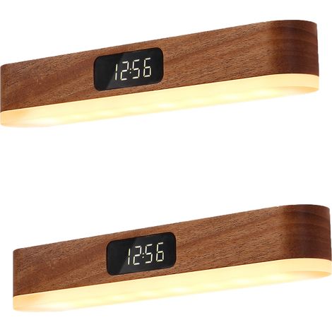 Lot de 2 horloges lumineuses en bois, commande tactile, veilleuse magnétique, trois températures de couleur, minuterie (couleur bois sapele) (1/5)