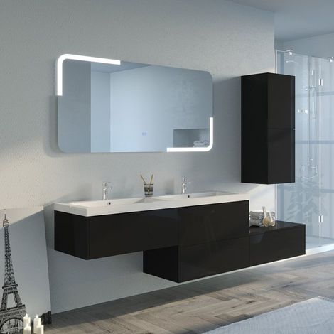 Distribain – Meuble de salle de bain double vasque 150 cm – Noir laqué – 2 tiroirs push-open – Miroir LED avec fonction anti-buée (1/5)