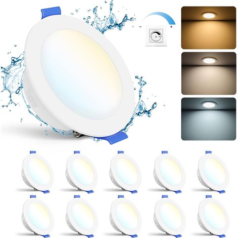 Spot LED Encastrable Dimmable, Lot de 10 6W Spot Salle de Bain IP65 Blanc Chaud 2700K Blanc Neutre 4000K Blanc Froid 6000K 700LM, Spots de Plafond Extra Plat Pour Salon Cuisine, Trou Φ68-80mm