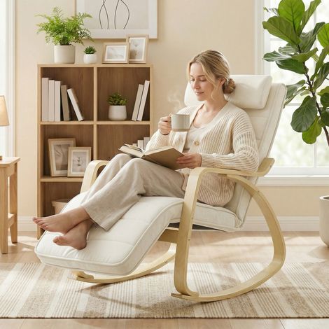 Fauteuil à bascule avec fonction massage, chauffage, appui-tête et repose-pieds, revêtement en velours, inclinable, blanc crème