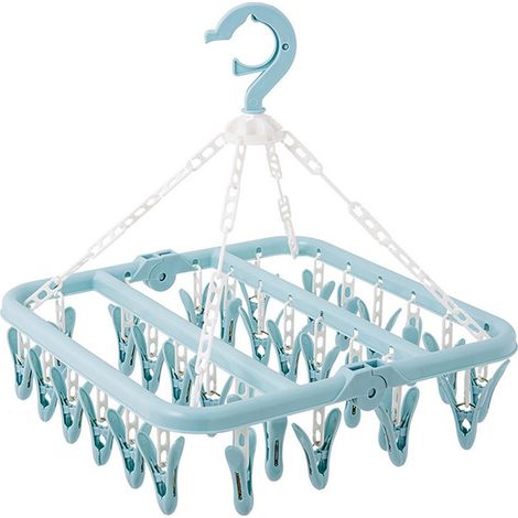 Ein faltbarer Wäscheständer mit 32 Klammern, ideal zum Trocknen von Socken, Unterwäsche, BHs, Schals und Kleidung. (Blau) (1/5)