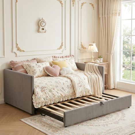 Lit gigogne 90/180x200 cm, lit capitonné canapé-lit extensible avec sommiers à lattes, lit double Scandinave, velours - Gris
