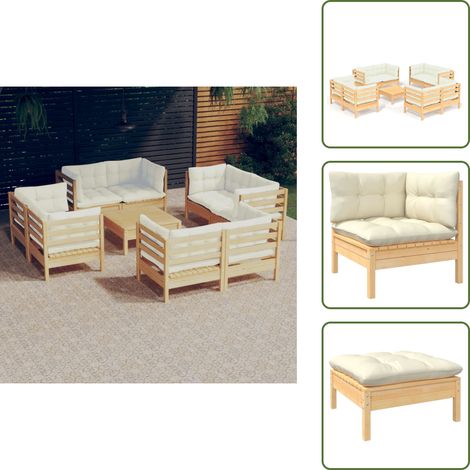 9-tlg. Garten-Lounge-Set mit Creme Kissen Kiefernholz - Gartenmöbel - Loungesessel - Gartenloungeset - Rattan Möbel - Outdoor Furniture