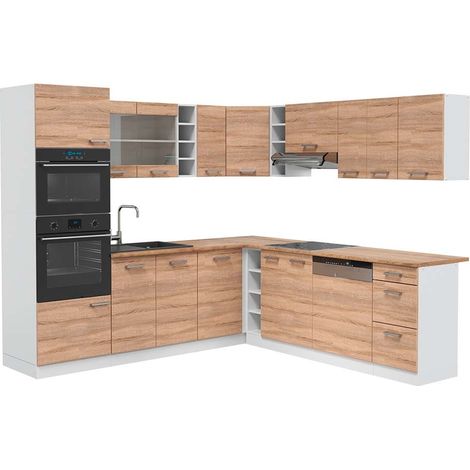 Cocina esquinera R-Line, Sonoma/Blanco, 247 x 237 cm, ET Roble, Vicco