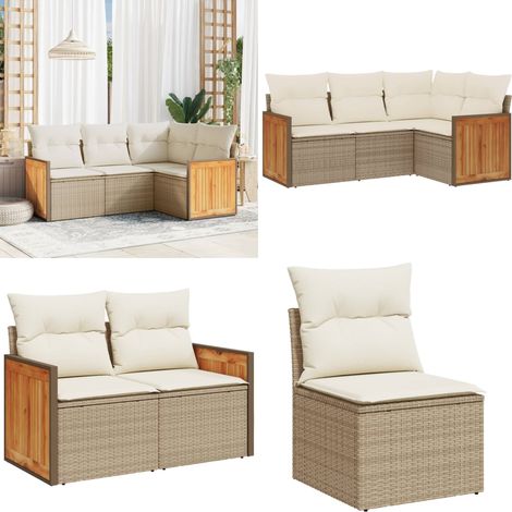 4-tlg. Garten-Sofagarnitur mit Kissen Beige Poly Rattan - Gartengeset - Gartenmöbelset - Rattan Möbel - Lounge Set - Esszimmergarnitur - Home & Living (1/5)