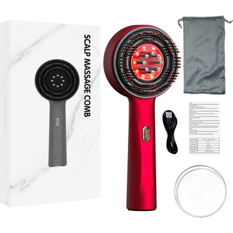 Elektrischer Kopfhautmassagekamm mit Rotlicht - Haarölapplikator, gleichmäßige Verteilung, entspannende Massage, USB-aufladbar (Rot) (1/5)