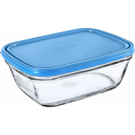 Duralex Freshbox Récipient alimentaire rectangulaire avec couvercle en plastique bleu, 1,65 l, 1 unité, verre résistant aux graffitis, va au micro-ondes et au lave-vaisselle, fabriqué en France