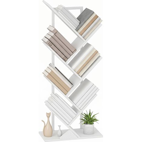 Bibliothèque autoportante à 7 niveaux, étagère étroite forme arbre pour bureau, blanc rustique (1/5)
