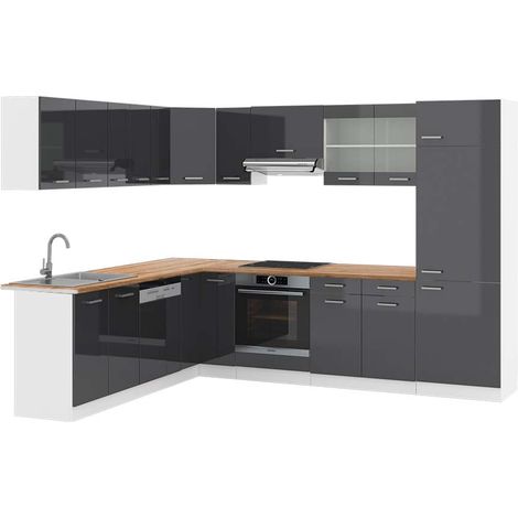 Cocina esquinera R-Line, Antracita brillo intenso/blanco, 227 x 287 cm , ET Roble, Vicco