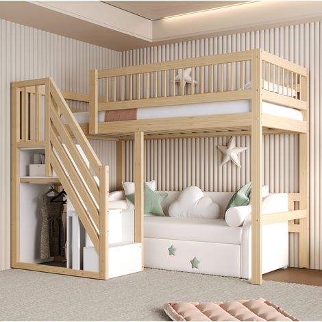 Kinderbett 205x142x173 cm Naturholz Massivholz mit Stauraumtreppe und hohem Schutzgitter (1/5)