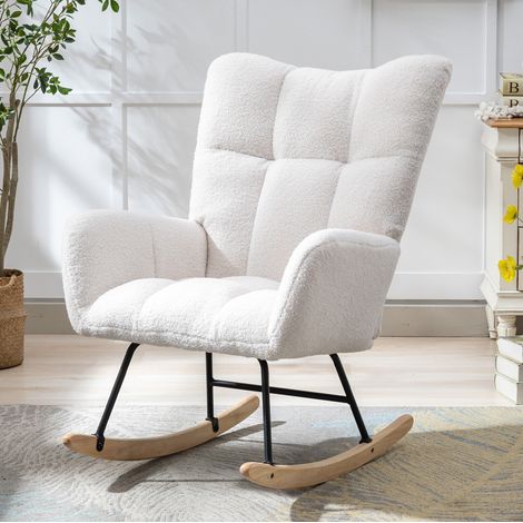 Sedia a dondolo in tessuto Teddy con tasca, schienale alto, base in legno, bianca HAVRYA (1/5)