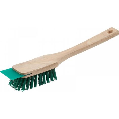 Une brosse verte pour tondeuse à gazon, 315cm, avec grattoir, poils en plastique robustes et un long manche en bois. (1/5)