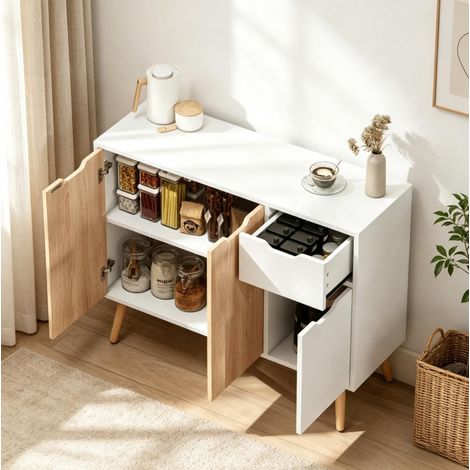 Credenza con 2 ante e 1 cassetto 90 x 30 x 72 cm bianco e rovere chiaro DESVIAE (1/5)