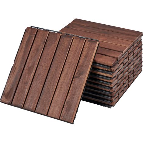 Set de 10 dalles de jardin bois d'acacia 6 lattes 0,9 m² marron (1/5)