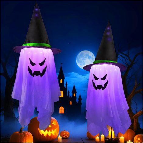 Décoration Halloween Extérieur Interieur, 2 PCS Fantômes Suspendre avec Chapeau de Sorcière,Decoration Fantôme Halloween avec LED à 8 Modes,pour Cour, Arbre,Pelouse,Fête de Jardin,Violet (1/5)