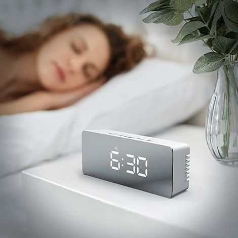 White LED Digital Mirror Table Clock with Date and Temperature Display for Home, Bedroom, or Office Electronic Alarm Clock (1/5)