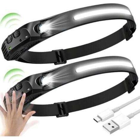 2PCS Lampada Frontale a LED, COB+XPE 5 Modalità, Lampada Frontale a LED con Sensore, Lampada Frontale Impermeabile Ricaricabile USB (1/5)
