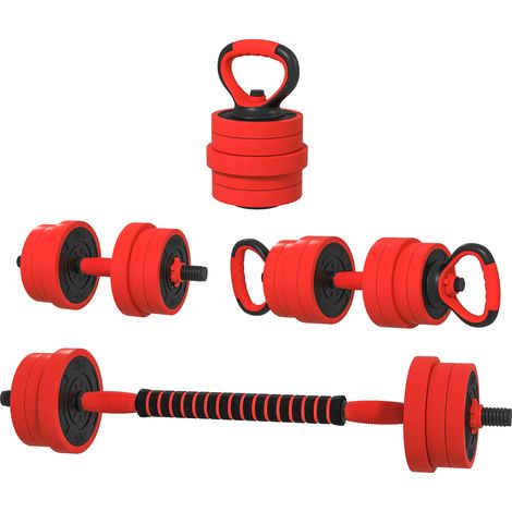 SPORTNOW Set 4 in 1 Pesi Palestra da 30kg Kettlebell, Manubri, Bilanciere Rosso