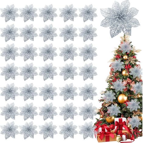 Set di 36 decorazioni natalizie scintillanti a forma di stella, 4", fiori artificiali in seta per ghirlande natalizie, decorazioni per le feste (argento reale) (1/5)