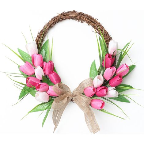Couronne de fleurs artificielle pour porte d'entrée, idéale pour Pâques. Couronne printanière résistante à la décoloration, pour décoration intérieure et extérieure. Cerceau en rotin rouge, rose et bl (1/5)
