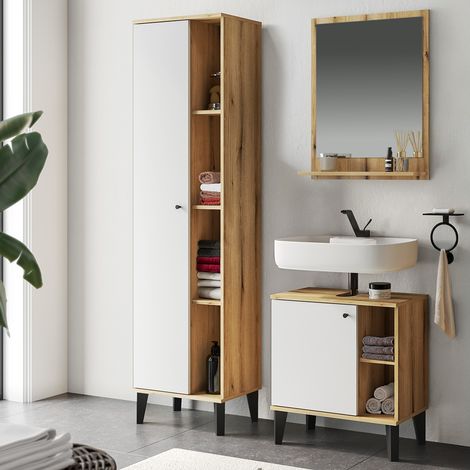 Badmöbel-Set 3-teilig mit Waschbeckenunterschrank 60 cm, Spiegel, Hochschrank, in Eiche mit weiß OLEAN-61 (1/5)