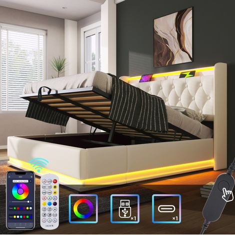 Polsterbett 140/200 cm weiß aus PU mit LED, USB-C und hydraulischem Stauraum (1/5)
