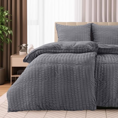 Housse de Couette Seersucker 2 Personnes 135x200 cm avec 2 Taies 80x80 cm (Gris) – Parure de Lit en Microfibre Brossée Douce (1/5)