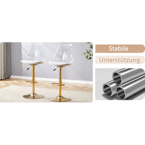 Moderner verstellbarer Barhocker-Satz, 2 Stück mit transparenten Kunststoffrücken und PU-Ledersitzen, goldfarbigen Metallbeinen. Höhenverstellbar und 360° drehbar, geeignet für Küchen, Bistros usw. (1/5)